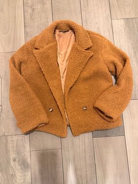SHEIN Teddy Fleece Coat in Camel